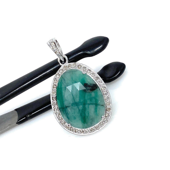 Emerald Diamond Pendant, Natural Emerald Sterling Silver Pendant, May Birthstone Pendant, Pave Diamond Pendant, 1.30” x 0.75”