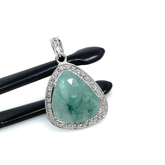 Emerald Diamond Pendant, Natural Emerald Sterling Silver Pendant, May Birthstone Pendant, Pave Diamond Pendant, 1.25” x 0.80”