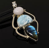 Larimar Pendant, Labradorite Pendant, Pink Opal Wire Wrapped Pendant, Gemstone Pendant, Silver Jewelry Gifts for Her, Bohemian Jewelry