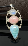 Gemstone Pendant - Larimar, Rainbow Moonstone and Pink Opal, Wire Wrapped Pendant, Silver Jewelry Gifts for Her, Bohemian Jewelry