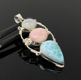 Gemstone Pendant - Larimar, Rainbow Moonstone and Pink Opal, Wire Wrapped Pendant, Silver Jewelry Gifts for Her, Bohemian Jewelry