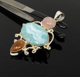 Gemstone Pendant - Larimar, Morganite and Sunstone , Wire Wrapped Pendant, Silver Jewelry Gifts for Her, Bohemian Jewelry
