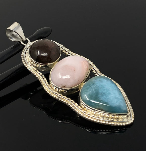 Gemstone Pendant - Larimar, Cats Eye and Pink Opal, Wire Wrapped Pendant, Silver Jewelry Gifts for Her, Bohemian Jewelry