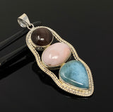 Gemstone Pendant - Larimar, Cats Eye and Pink Opal, Wire Wrapped Pendant, Silver Jewelry Gifts for Her, Bohemian Jewelry