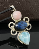 Larimar Pendant, Labradorite Pendant, Pink Opal Wire Wrapped Pendant, Gemstone Pendant, Silver Jewelry Gifts for Her, Bohemian Jewelry