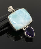 Natural Larimar and Amethyst Gemstone Pendant, Sterling Silver Jewelry, Larimar Pendant, Amethyst Pendant, Bohemian Jewelry