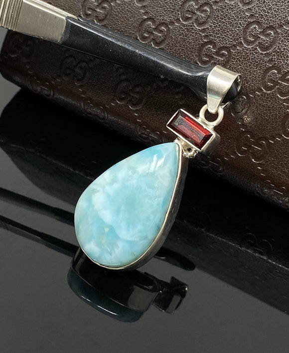 Natural Larimar and Garnet Gemstone Pendant, Sterling Silver Jewelry, Larimar Pendant, Garnet Pendant, Bohemian Jewelry