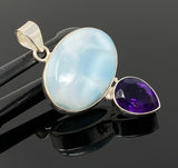 Natural Larimar and Amethyst Gemstone Pendant, Sterling Silver Jewelry, Larimar Pendant, Amethyst Pendant, Bohemian Jewelry