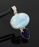 Natural Larimar and Amethyst Gemstone Pendant, Sterling Silver Jewelry, Larimar Pendant, Amethyst Pendant, Bohemian Jewelry
