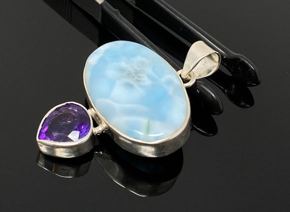 Natural Larimar and Amethyst Gemstone Pendant, Sterling Silver Jewelry, Larimar Pendant, Amethyst Pendant, Bohemian Jewelry