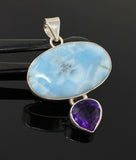 Natural Larimar and Amethyst Gemstone Pendant, Sterling Silver Jewelry, Larimar Pendant, Amethyst Pendant, Bohemian Jewelry