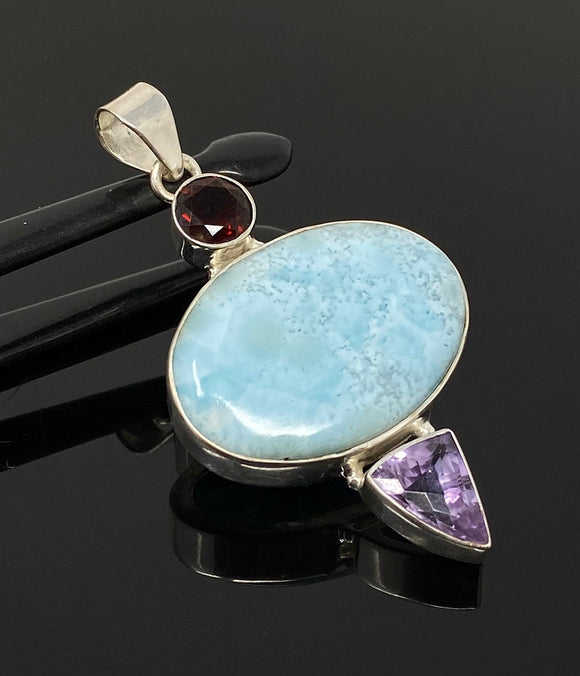 Natural Larimar, Garnet and Amethyst Gemstone Pendant, Sterling Silver Jewelry, Spiritual Chakra Healing Crystal Jewelry, Birthstone Jewelry