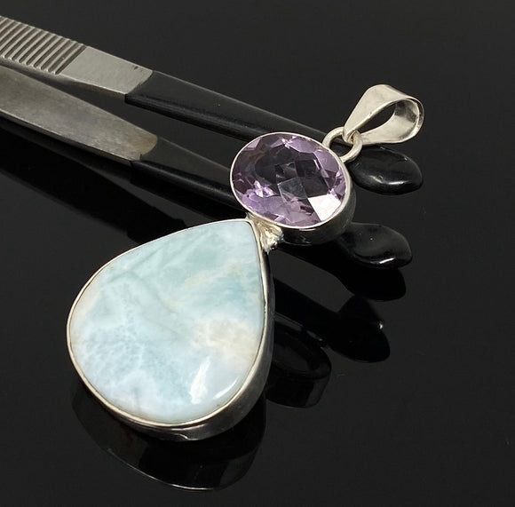 Natural Larimar and Amethyst Gemstone Pendant, Sterling Silver Jewelry, Larimar Pendant, Amethyst Pendant, Bohemian Jewelry