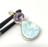 Natural Larimar and Amethyst Gemstone Pendant, Sterling Silver Jewelry, Larimar Pendant, Amethyst Pendant, Bohemian Jewelry