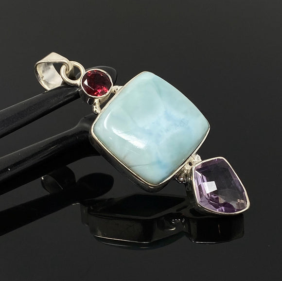 Natural Larimar, Garnet and Amethyst Gemstone Pendant, Sterling Silver Jewelry, Larimar Pendant, Amethyst Pendant, Bohemian Jewelry