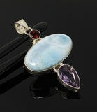Natural Larimar, Garnet and Amethyst Gemstone Pendant, Sterling Silver Jewelry, Larimar Pendant, Amethyst Pendant, Bohemian Jewelry