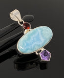 Natural Larimar, Garnet and Amethyst Gemstone Pendant, Sterling Silver Jewelry, Larimar Pendant, Amethyst Pendant, Bohemian Jewelry