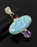 Natural Larimar, Garnet and Amethyst Gemstone Pendant, Sterling Silver Jewelry, Larimar Pendant, Amethyst Pendant, Bohemian Jewelry