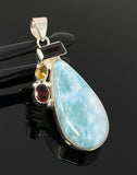 Natural Larimar with Garnet and Citrine Gemstone Pendant, Sterling Silver Jewelry, Larimar Pendant, Citrine Pendant, Bohemian Jewelry