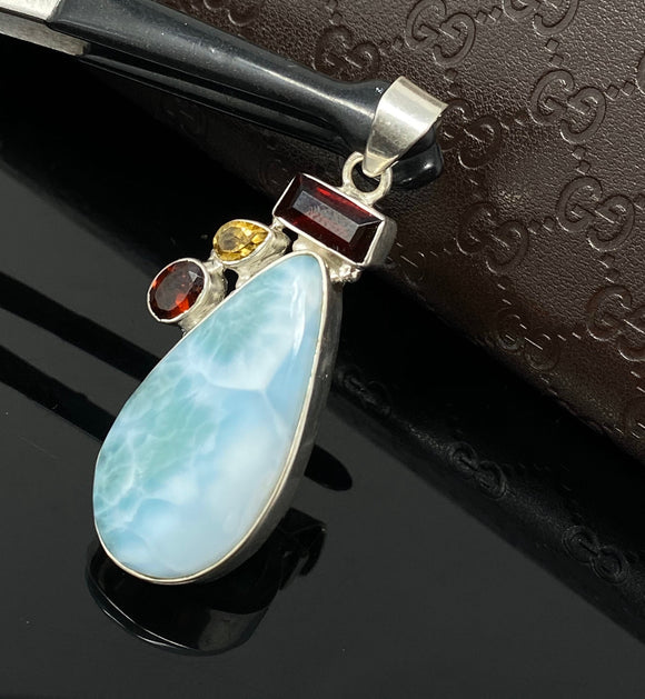 Natural Larimar with Garnet and Citrine Gemstone Pendant, Sterling Silver Jewelry, Larimar Pendant, Citrine Pendant, Bohemian Jewelry