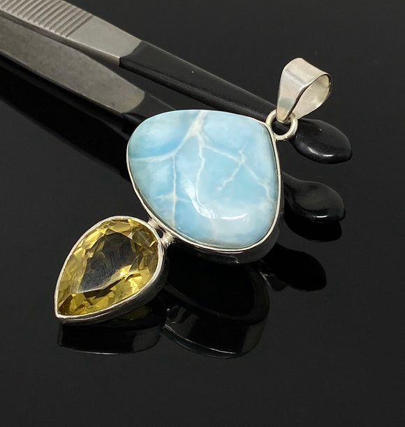 Gemstone Pendant - Larimar and Lemon Quartz, Bohemian Jewelry, Larimar Pendant, Sterling Silver Jewelry