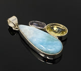 Gemstone Pendant - Larimar, Amethyst and Lemon Quartz, Bohemian Jewelry, Larimar Pendant, Sterling Silver Jewelry