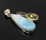 Gemstone Pendant - Larimar, Amethyst and Lemon Quartz, Bohemian Jewelry, Larimar Pendant, Sterling Silver Jewelry