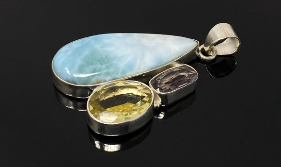 Gemstone Pendant - Larimar, Amethyst and Lemon Quartz, Bohemian Jewelry, Larimar Pendant, Sterling Silver Jewelry