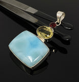 Gemstone Pendant - Larimar, Prasiolite, Garnet and Lemon Quartz, Bohemian Jewelry, Larimar Pendant, Sterling Silver Jewelry