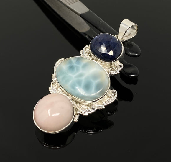 Larimar Gemstone Pendant with Blue Sapphire and Pink Opal, Wire Wrapped Pendant, Silver Jewelry Gifts for Her, Bohemian Jewelry