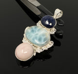 Larimar Gemstone Pendant with Blue Sapphire and Pink Opal, Wire Wrapped Pendant, Silver Jewelry Gifts for Her, Bohemian Jewelry
