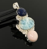 Larimar Gemstone Pendant with Blue Sapphire and Pink Opal, Wire Wrapped Pendant, Silver Jewelry Gifts for Her, Bohemian Jewelry