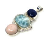 Larimar Gemstone Pendant with Blue Sapphire and Pink Opal, Wire Wrapped Pendant, Silver Jewelry Gifts for Her, Bohemian Jewelry