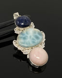 Larimar Gemstone Pendant with Blue Sapphire and Pink Opal, Wire Wrapped Pendant, Silver Jewelry Gifts for Her, Bohemian Jewelry