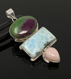 Larimar Gemstone Pendant with Ruby Zoisite and Pink Opal, Wire Wrapped Pendant, Silver Jewelry Gifts for Her, Bohemian Jewelry
