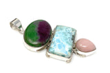 Larimar Gemstone Pendant with Ruby Zoisite and Pink Opal, Wire Wrapped Pendant, Silver Jewelry Gifts for Her, Bohemian Jewelry