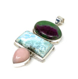 Larimar Gemstone Pendant with Ruby Zoisite and Pink Opal, Wire Wrapped Pendant, Silver Jewelry Gifts for Her, Bohemian Jewelry