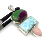 Larimar Gemstone Pendant with Ruby Zoisite and Pink Opal, Wire Wrapped Pendant, Silver Jewelry Gifts for Her, Bohemian Jewelry