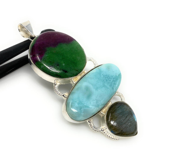 Larimar Gemstone Pendant with Ruby Zoisite and Labradorite , Wire Wrapped Pendant, Silver Jewelry Gifts for Her, Bohemian Jewelry