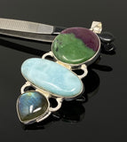 Larimar Gemstone Pendant with Ruby Zoisite and Labradorite , Wire Wrapped Pendant, Silver Jewelry Gifts for Her, Bohemian Jewelry
