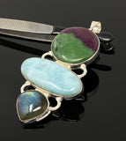 Larimar Gemstone Pendant with Ruby Zoisite and Labradorite , Wire Wrapped Pendant, Silver Jewelry Gifts for Her, Bohemian Jewelry