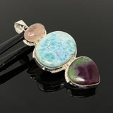 Larimar Gemstone Pendant with Ruby Zoisite and Morganite , Wire Wrapped Pendant, Silver Jewelry Gifts for Her, Bohemian Jewelry