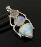 Larimar Gemstone Pendant with Morganite and Moonstone , Wire Wrapped Pendant, Silver Jewelry Gifts for Her, Bohemian Jewelry