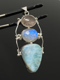 Larimar Gemstone Pendant with Morganite and Moonstone , Wire Wrapped Pendant, Silver Jewelry Gifts for Her, Bohemian Jewelry