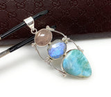 Larimar Gemstone Pendant with Morganite and Moonstone , Wire Wrapped Pendant, Silver Jewelry Gifts for Her, Bohemian Jewelry