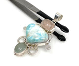 Larimar Gemstone Pendant with Aquamarine and Morganite , Wire Wrapped Pendant, Silver Jewelry Gifts for Her, Bohemian Jewelry