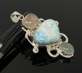Larimar Gemstone Pendant with Aquamarine and Morganite , Wire Wrapped Pendant, Silver Jewelry Gifts for Her, Bohemian Jewelry