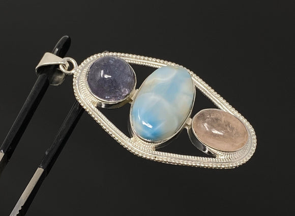 Larimar Gemstone Pendant with Morganite and Tanzanite , Wire Wrapped Pendant, Silver Jewelry Gifts for Her, Bohemian Jewelry