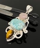 Gemstone Pendant - Larimar, Tigers Eye and Morganite Pendant, Wire Wrapped Pendant Silver Jewelry Gifts for Her, Bohemian Jewelry