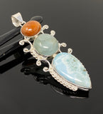 Larimar Gemstone Pendant with Aquamarine and Sunstone, Wire Wrapped Pendant, Silver Jewelry Gifts for Her, Bohemian Jewelry